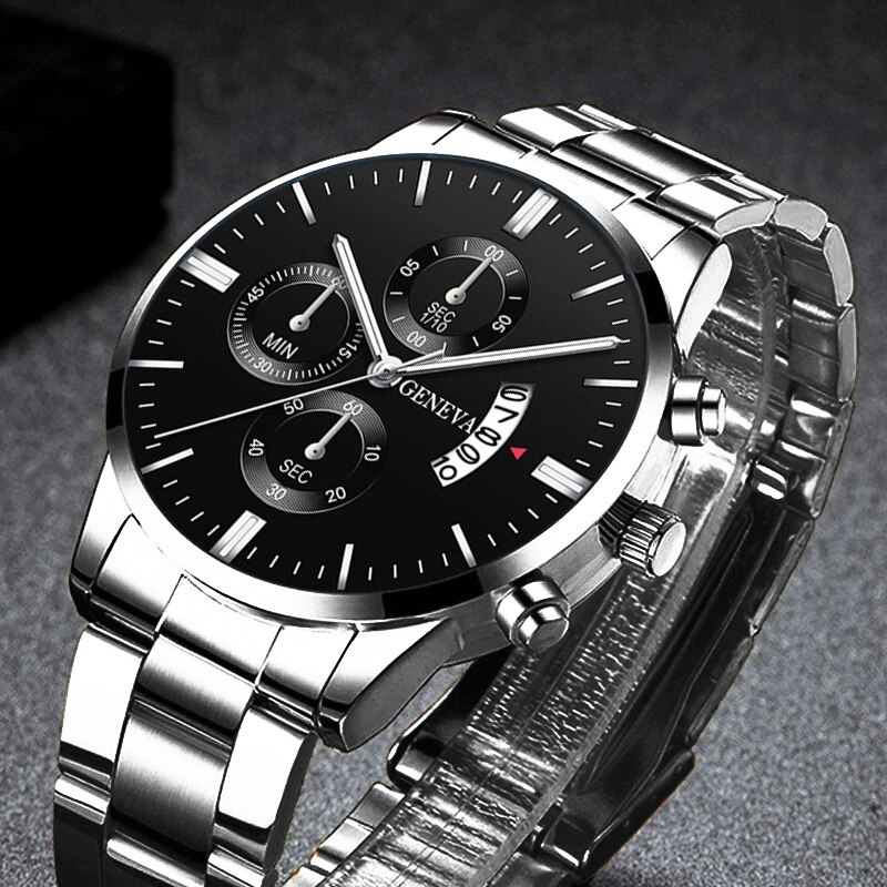 GENEVA Luxury Silver Mens Stainless Steel Analog Watches Mens Three Eyes Calendar Quartz Business Wristwatch Men Watch Relo Ng Kalalakihan Shopee Philippines