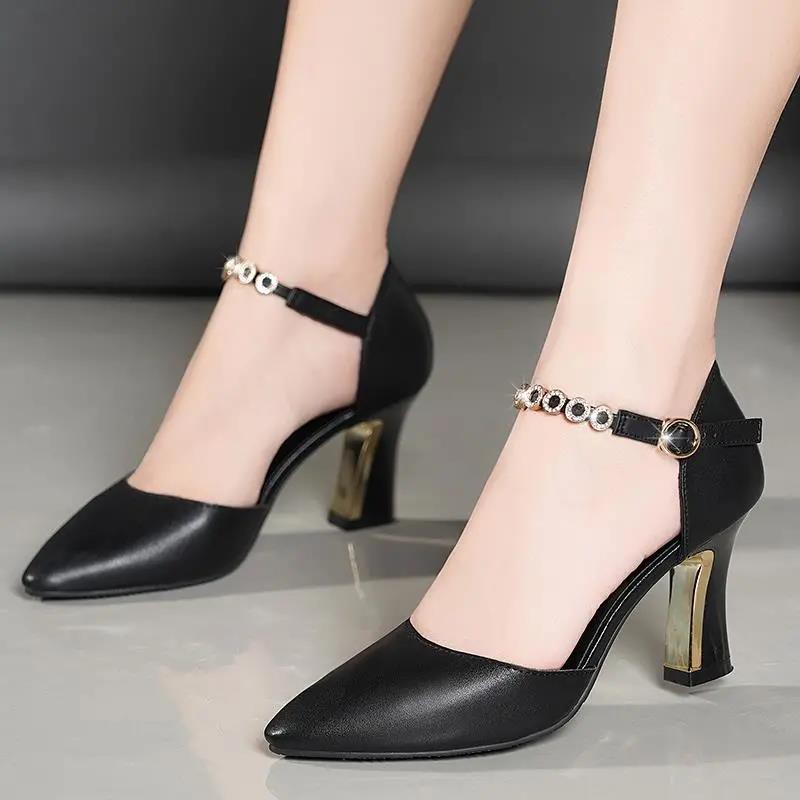 Women Fashion Pointed Toe Comfort Buckle Strap Office Stiletto Heels Ladies  Casual Heel Shoes A5902