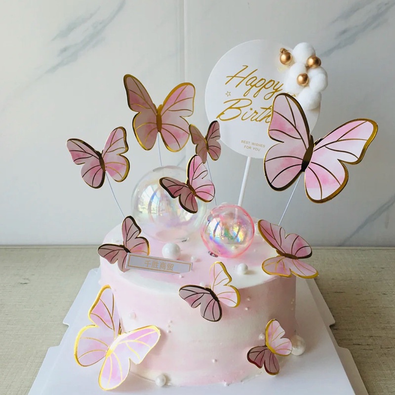 10 pcs Pink Golden Butterfly Happy Birthday Cake Toppers Kids Happy ...