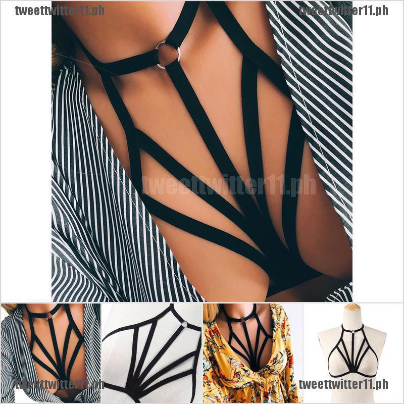 TWE+COD】Womens Elastic Bandage Goth Cage BRA TOP Body Harness Cross Cr