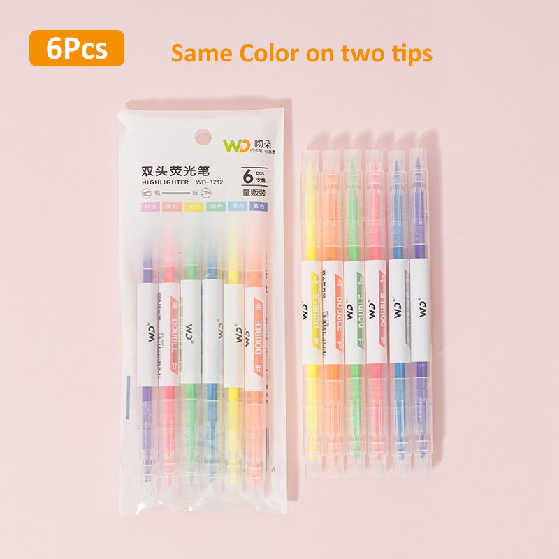 6 Colors Dual Tip Highlighter Pen Set Candy Color Marker Pen Light ...