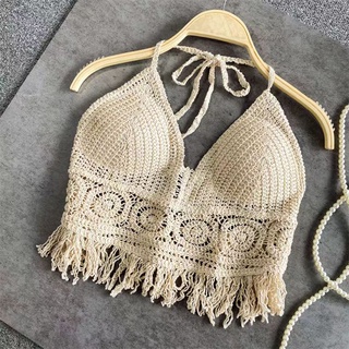 New Handmade Knit Bra for Women Beach Wear Crochet Bikini Crop Top Halter  Backless Swimwear Outfit