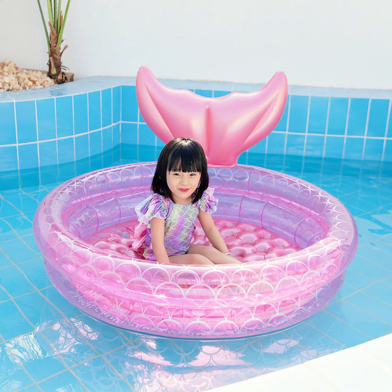 Mermaid Tale Inflatable Pool Floater for Kids Pink Shiny Floating Large