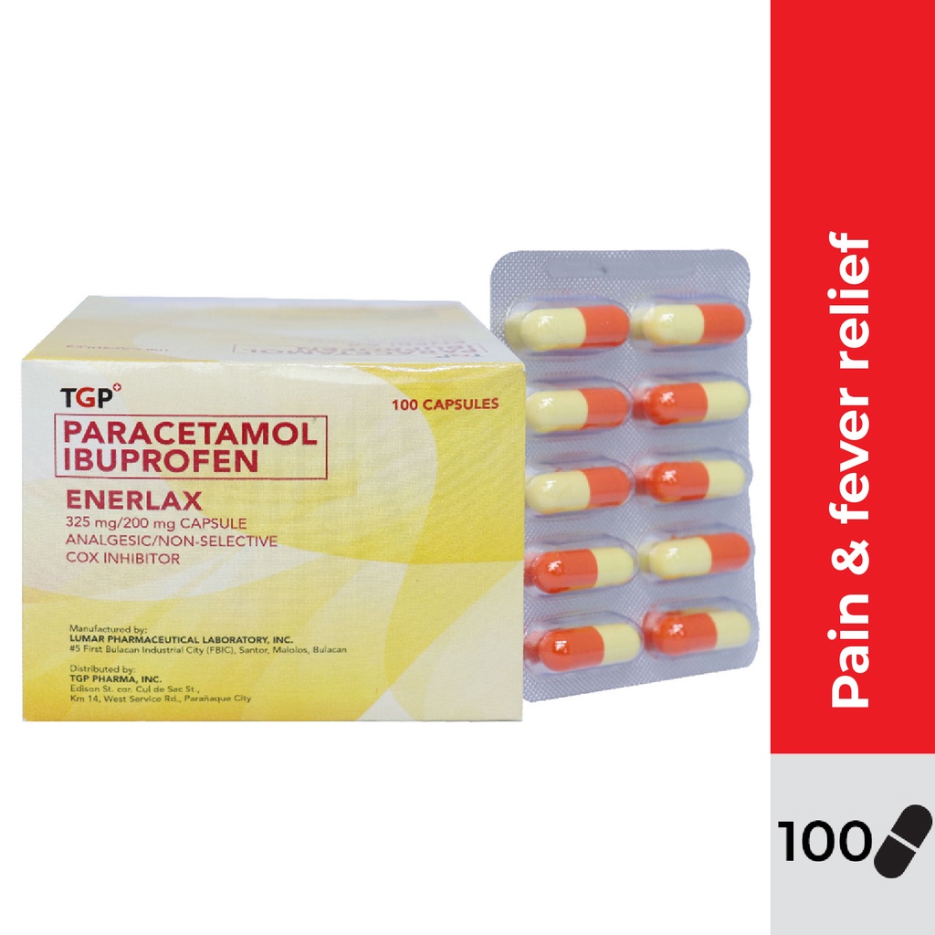 Enerlax TGP 1 BOX Paracetamol + Ibuprofen 325mg/200mg (100 capsules) For Pain & Fever Relief