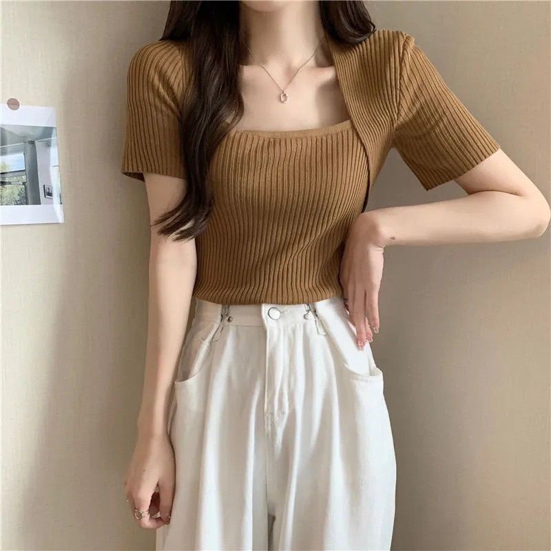 Check Out New Korean Knitted Short Sleeve / Plain Color Knitted Crop ...