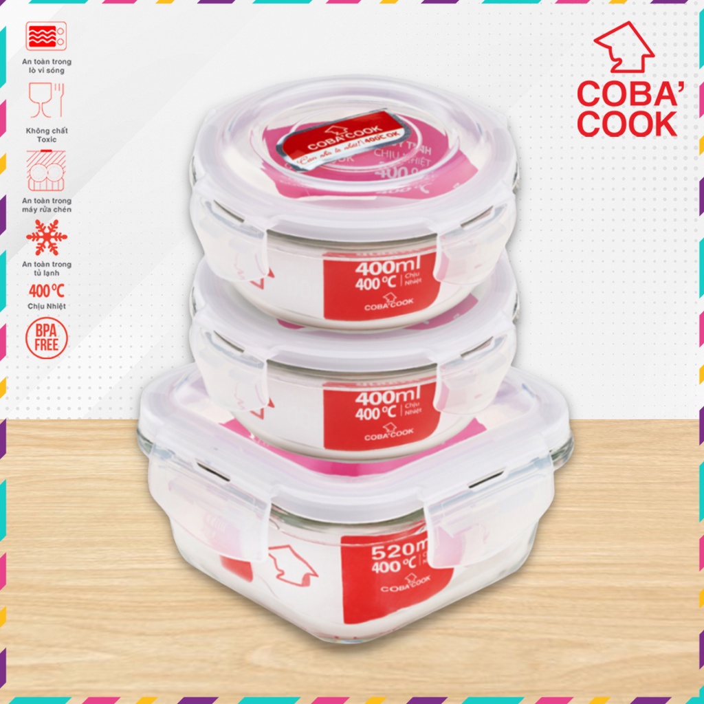 Set Of 3 520ml Square 1 Square Heat-Resistant Glass Boxes 400ml COBA ...