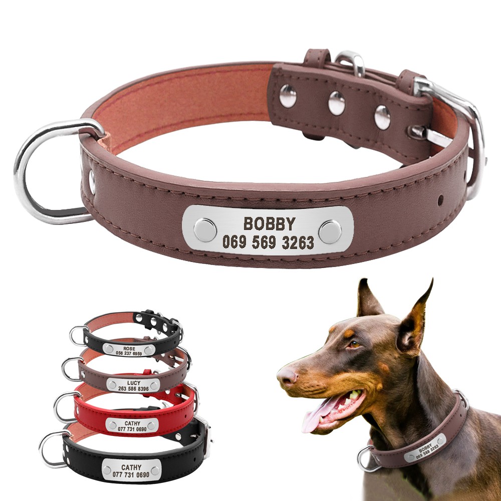 Personalized Dog Collars Leather Pet ID Collar Name Plate Engraved Free for Dogs S M L