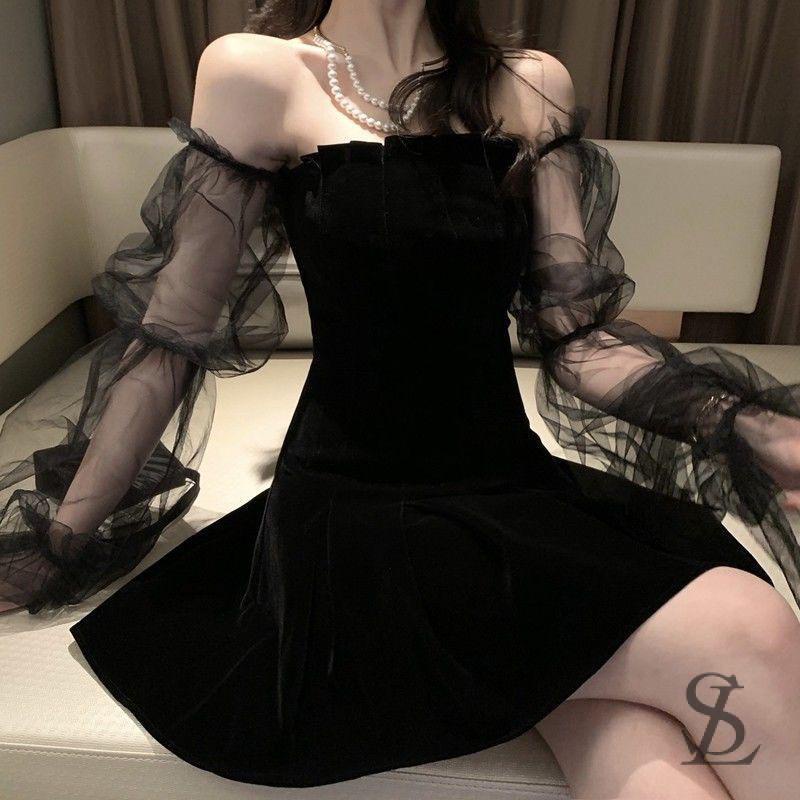gothic off shoulder lantern mesh sleeve mini dress Gothic Sexy Dress Vintage Off Shoulder Lantern Sleeve Mesh Patchwork Velvet Mini  Dress Dark Street Black Dress