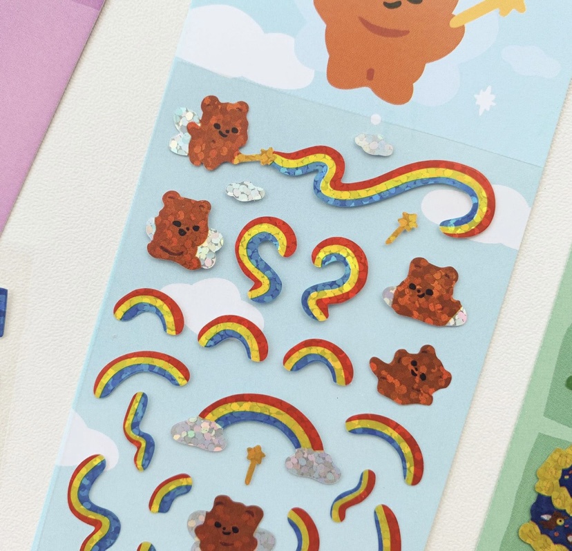 LITTLE RAINBOW STARRY BEAR HOLOGRAPHIC GLITTER TOPLOADER REMOVABLE DECO ...