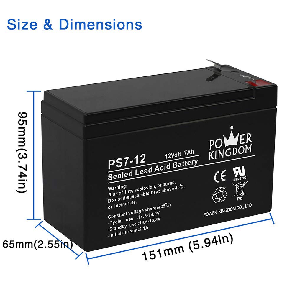 Power Kingdom UPS Battery 12V 7Ah 20hr PS712 12 Volts 7 Ampere Rechargeable Valve Regulated