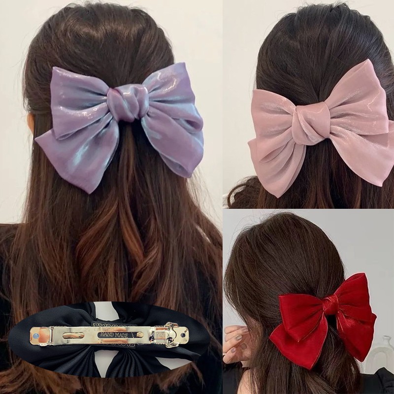 Bright Fabric Bow Hairpin Shiny Ribbon Bow Barrette Simple Bow Spring ...