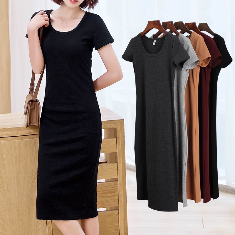 Stretch Short Sleeve Round Neck Plain Solid Color Dress Outdoor Party ...