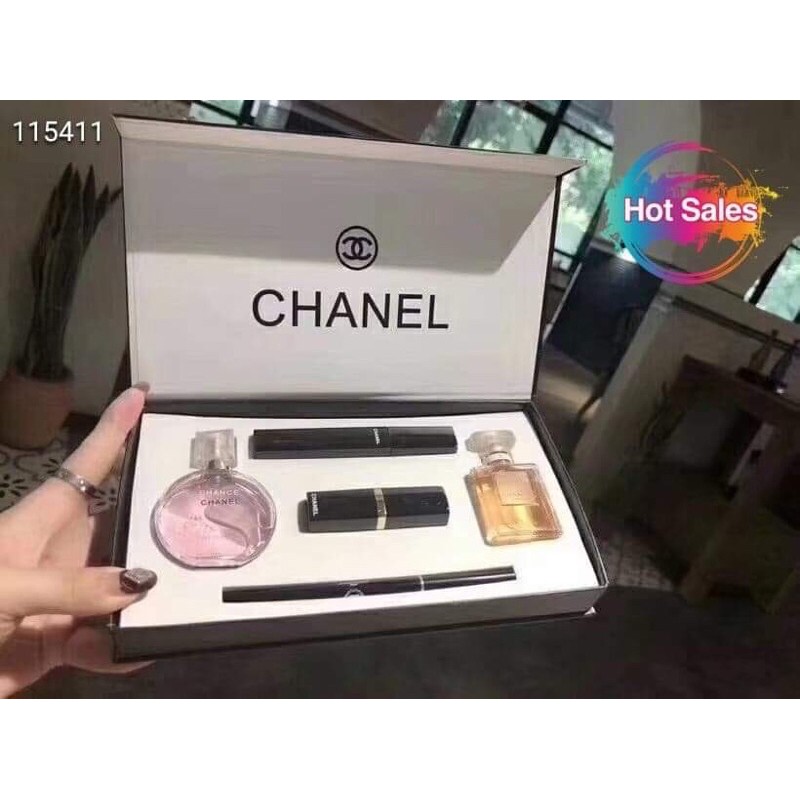 Chanel set perfume with mascara, eyeliner and lipstick