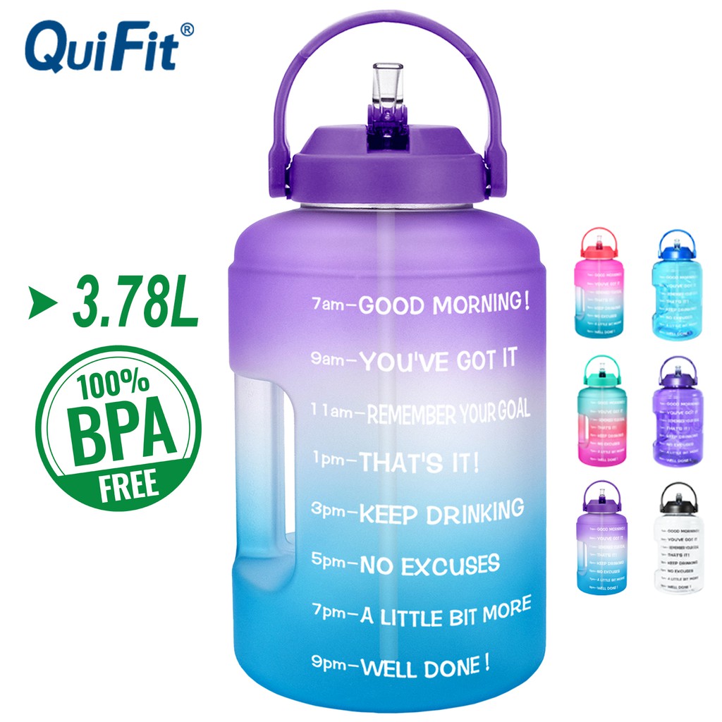 QuiFit 3.78L Wide Mouth Water Bottle with Straw & Motivational Time ...