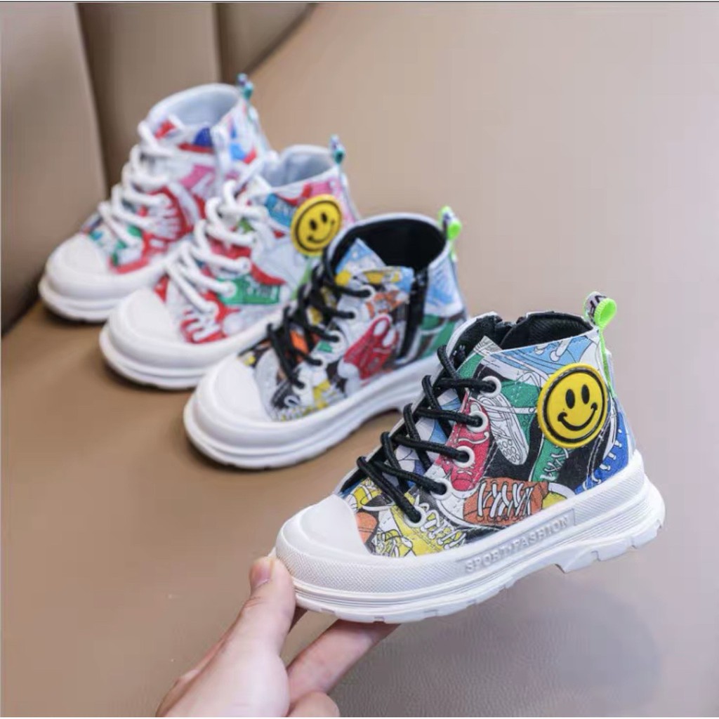 High Neck Shoes For Boys And Girls Smiley Face Pattern Soft Sole Size 21 30 Shopee Philippines