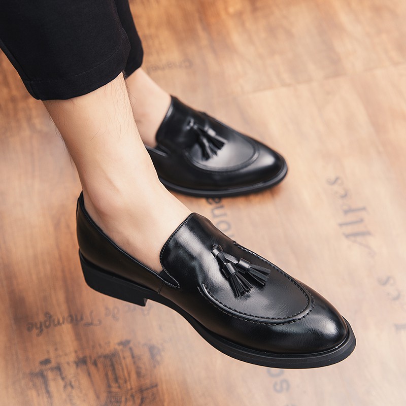 Black leather store shoes slip on