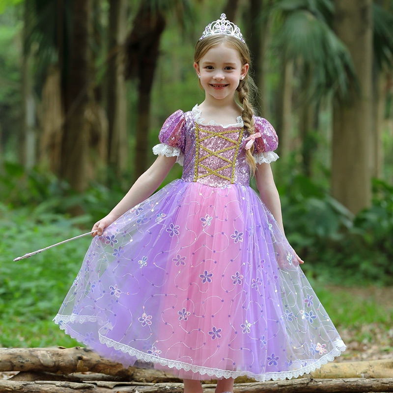 Fancy Kids Girl Rapunzel Dress Aurora Princess Girl Dress Halloween 