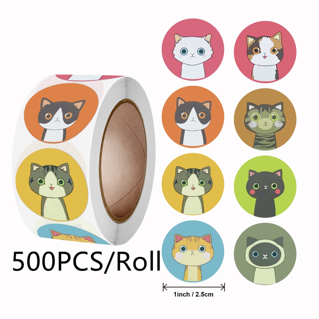 500pcs/Roll 1 inch Cartoon Cat Tiger Dog Animal Children Sticker Label ...
