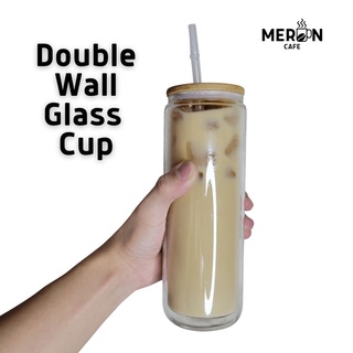 1PC 16oz. Can Shape Glass Cup with Bamboo Lid and Glass Straw