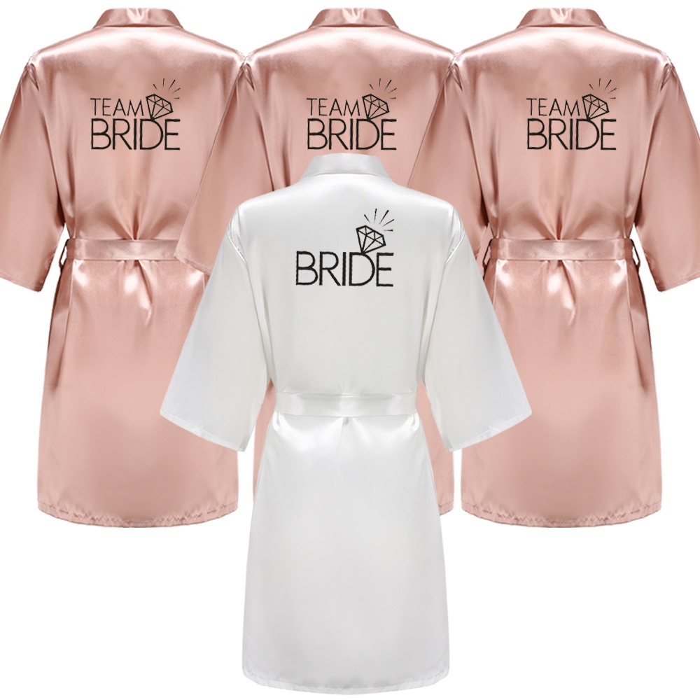 Wedding Party Team Bride Robe With Black Letters Kimono Satin Pajamas