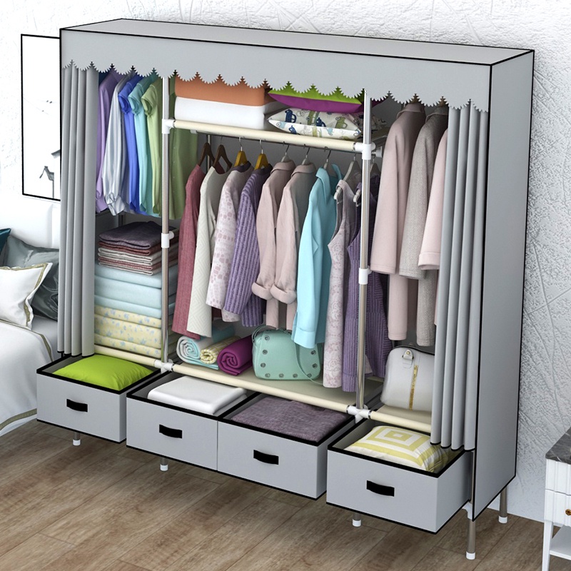 Solid Curtain Drawer Wardrobe Rental Room Steel Pipe Assembly Zipper