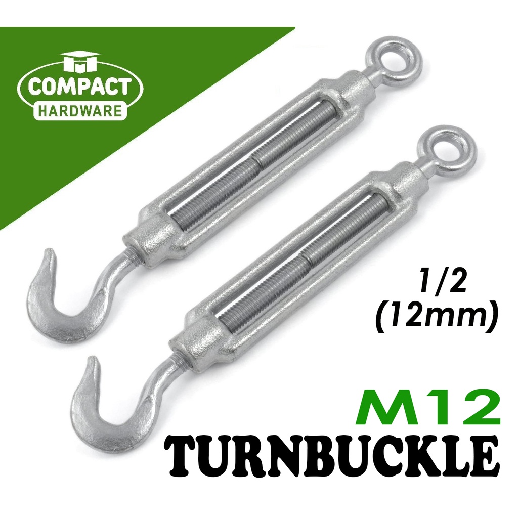 2 Pcs Turnbuckle Rope Tensioner Hook Eye M12 1/2 (12mm) Galvanized Iron  Heavy Duty