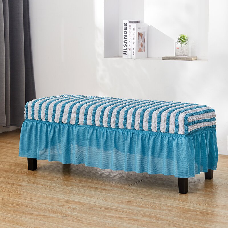 3D colorblock seersucker bench cover with skirt elastic ottoman bench ...