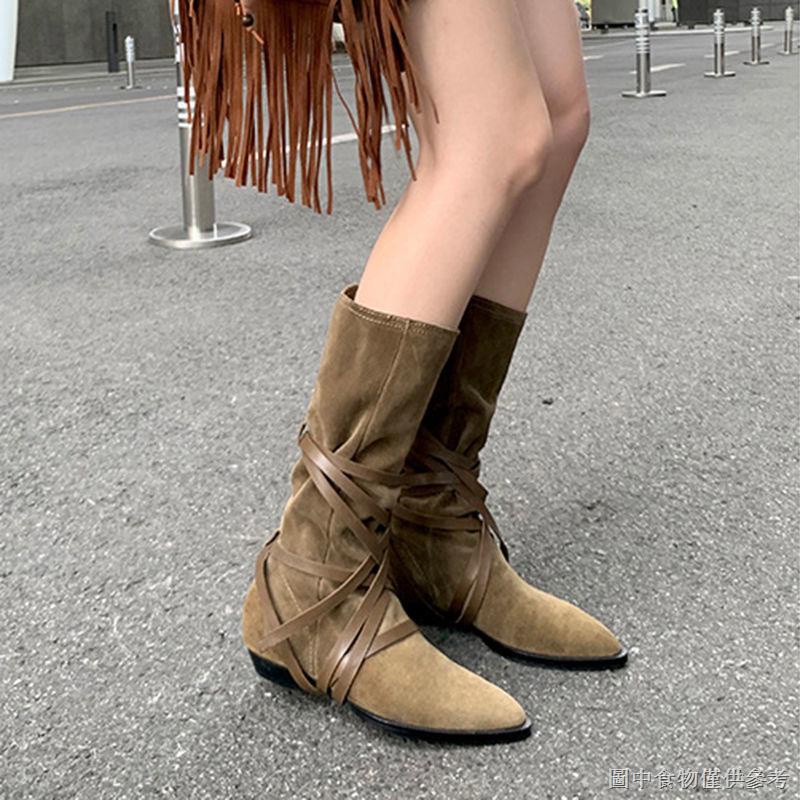 [Genuine Leather Pile Boots Women] mone Axige Collision Style Western ...