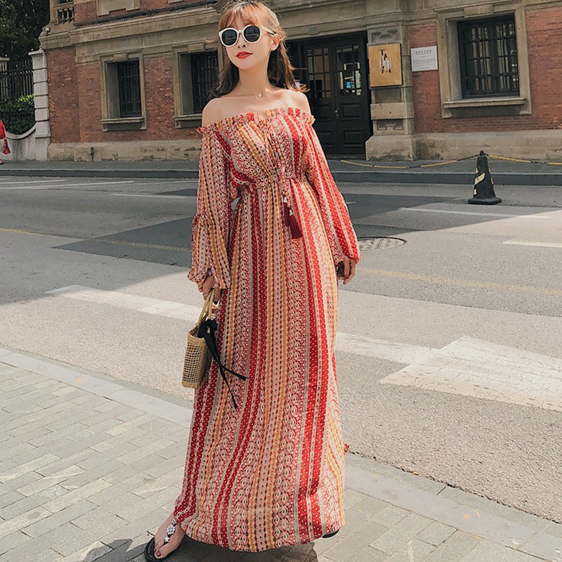 Women Off Shoulder Bohemian Print Chiffon Long Sleeve Dress Shopee Philippines