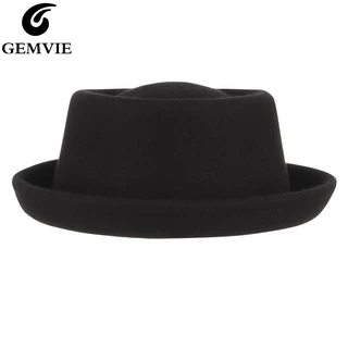 FS Vintage Pork Pie Hat Men Wide Brim Wool Felt Fedora Black Hat