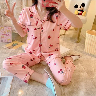 Women Pajamas Set 100% Cotton Sleepwear Short Sleeve Pyjamas Cute