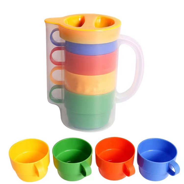 Plastic Water Jug Pitcher Including 4 Plastic Cups With Handle Set