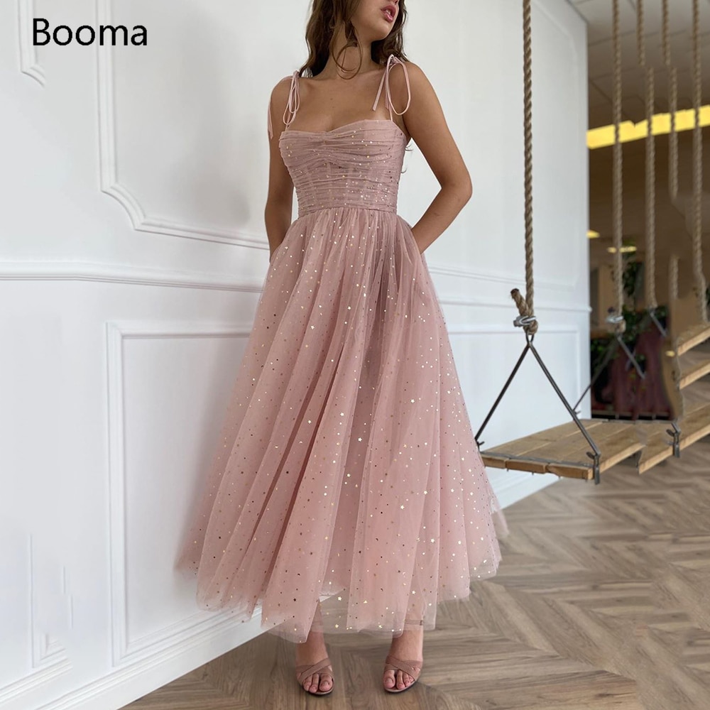 Sparkly Blush Prom Dresses 2020 Spaghetti Straps Pleated Tulle