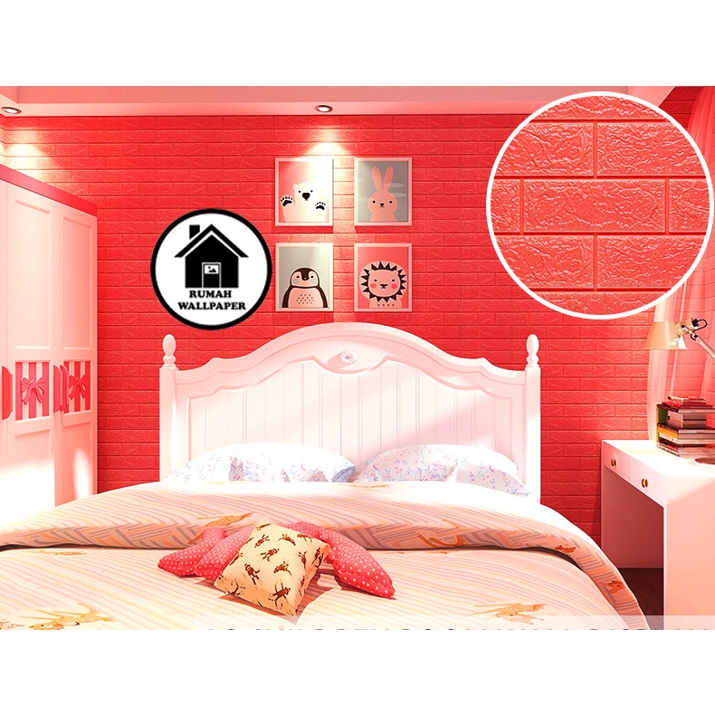MERAH Rw Red Foam Wallpaper 3D Brick Red Premium Wall Paper Sticker 3MM ...