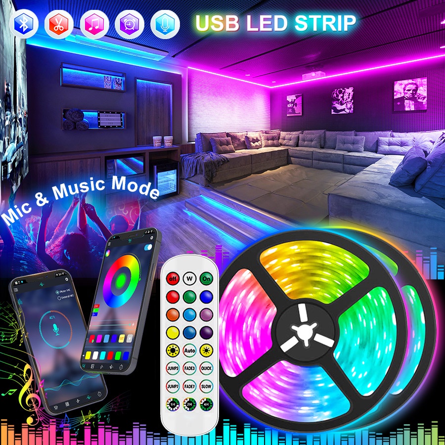 USB LED Strip Light 5050 Bluetooth 5V RGB LED Lamp Ribbon Flexible ...