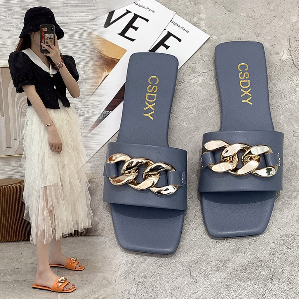 Korean Style Women's Flat Slide Square Toe Chain Design Sandals ...