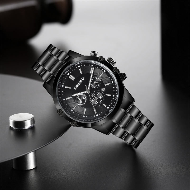 Binbong Fashion Cool Men Watch Top Brand Luxury Quartz Wristwatch Men Waterproof Watch Black Steel Black Face