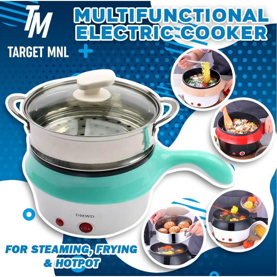 Multifunctional Non-Stick Electric Skillet, 2.3L Stainless Steel Hot Pot Round Frying Pan Steamed Egg Mini Heating Pan Cooker with Steamer