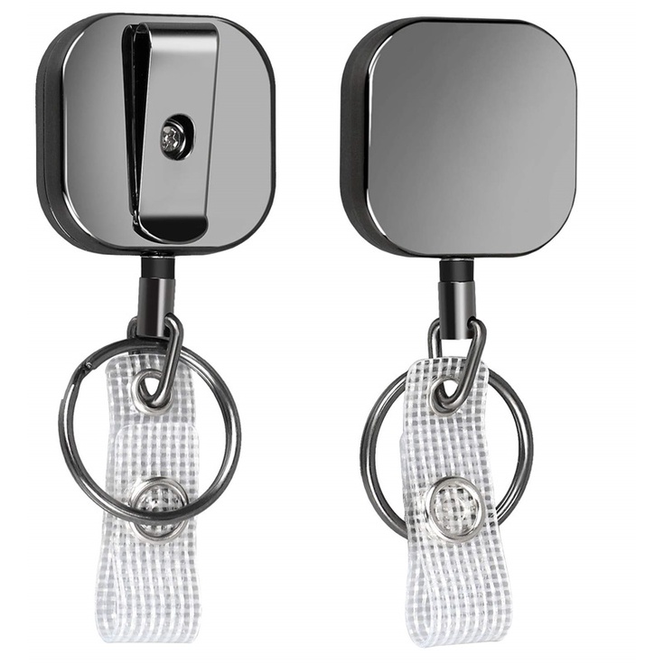 (1Pcs) Black Square Badge Holder Stainless Steel Reel Key Ring ...