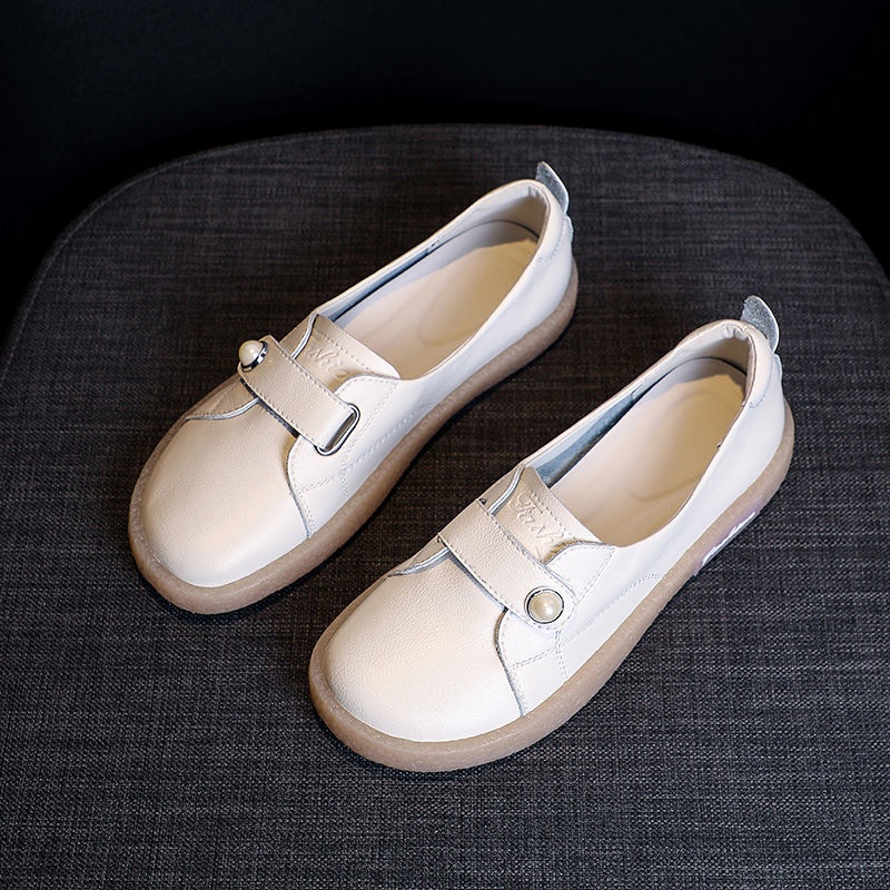 Soft leather women's beef tendon bottom shoes White shoes slip-on hook ...