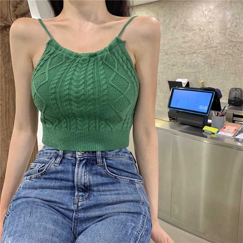 Korean Short Knit Vests Camisole For Women Tops Back Hollow Short Lace Up Halter Neck Knitted