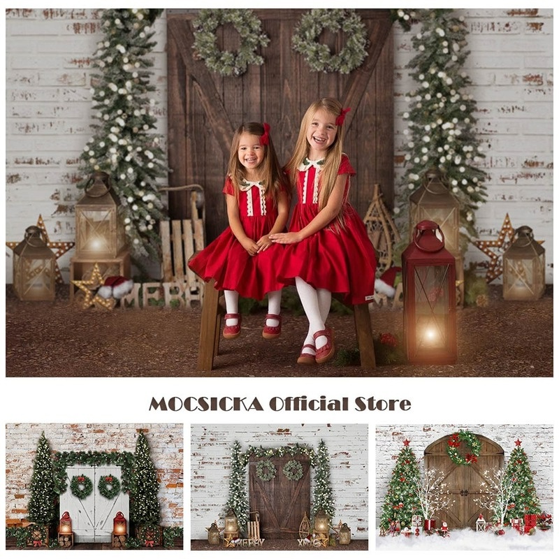 Christmas Photography Backdrops White Brick Wall Retro Brown Wood Door ...