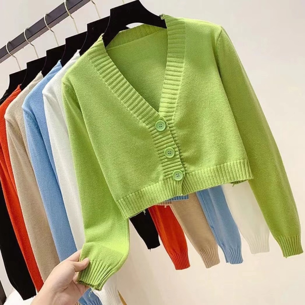 Women's Knitted Cotton V-neck Crop Top Long Sleeve Cardigan fashion  Croptops Cardigans for Women for