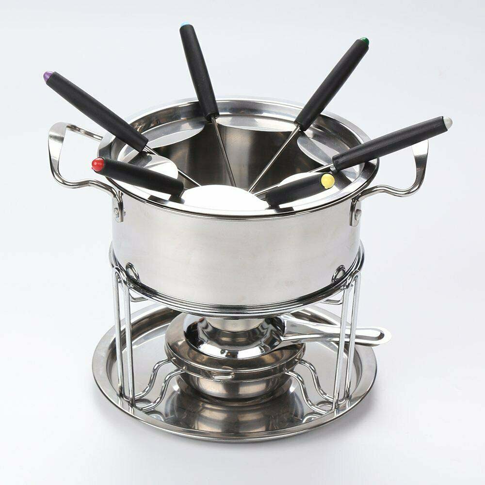 Stainless Steel Cheese Chocolate Fondue Set Melting Pot 6 Forks Fuel
