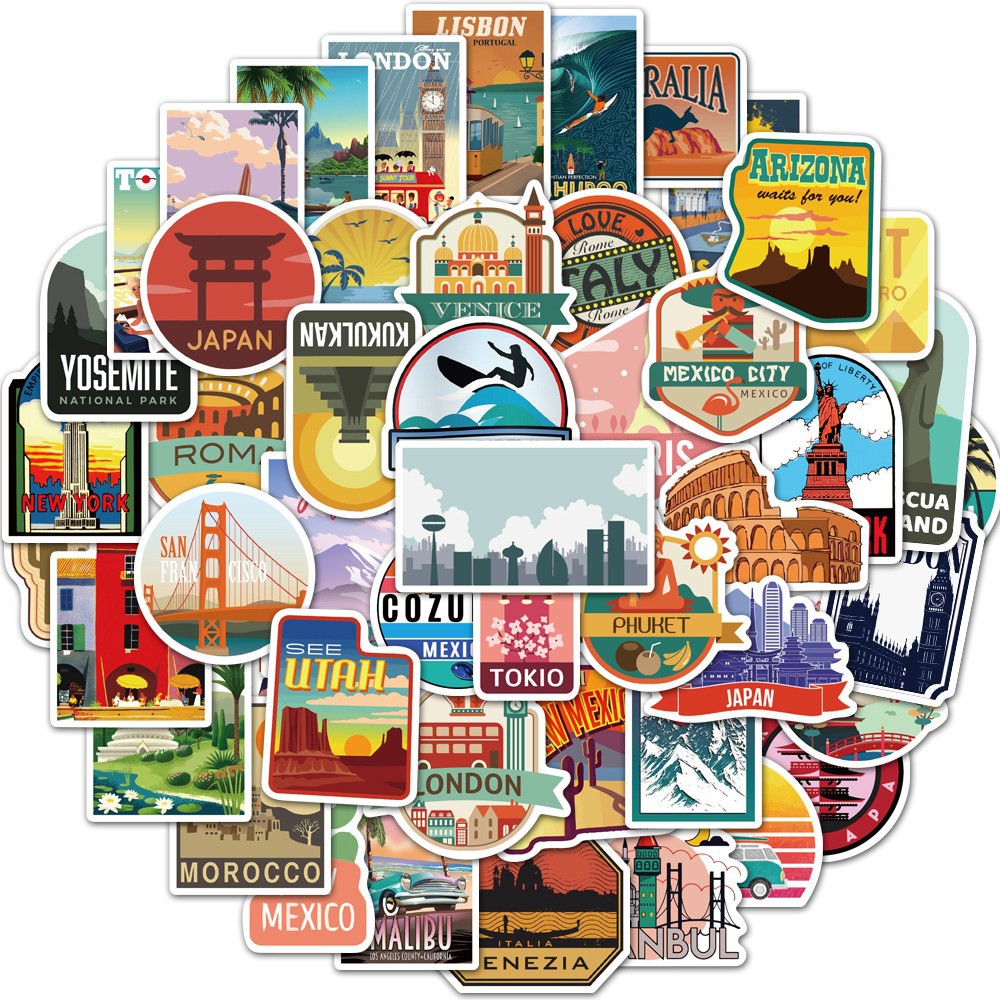 50PCS City Travel Landscape Series Stickers DIY Luggage Skateboard ...
