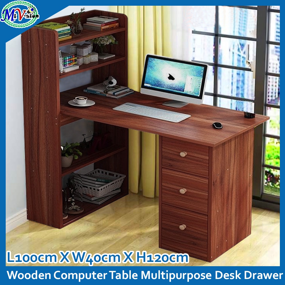 Wooden Computer Desk Writing Study Table Office With Drawers Book Shelf