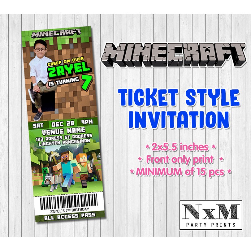Minecraft Birthday Ticket Invitations - Instant Download!