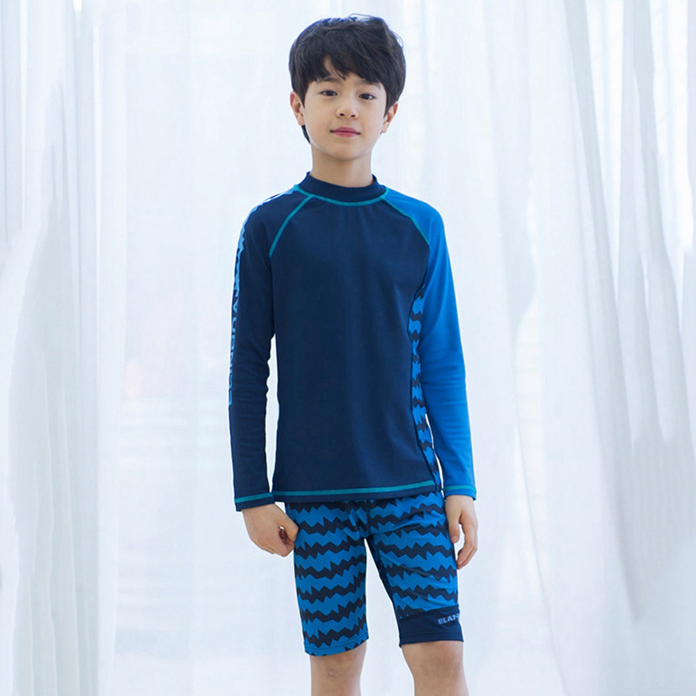 Boys Long Sleeve Swimsuit Quickdrying Split Sports Swimwear Kids Teens Student Blue Swimming