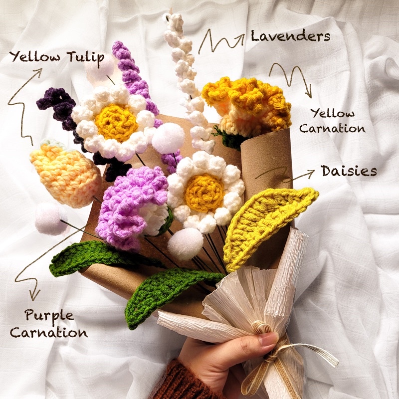 Big Bouquets of Mixed Crochet Flowers in a Box Hand Knitted Colorful