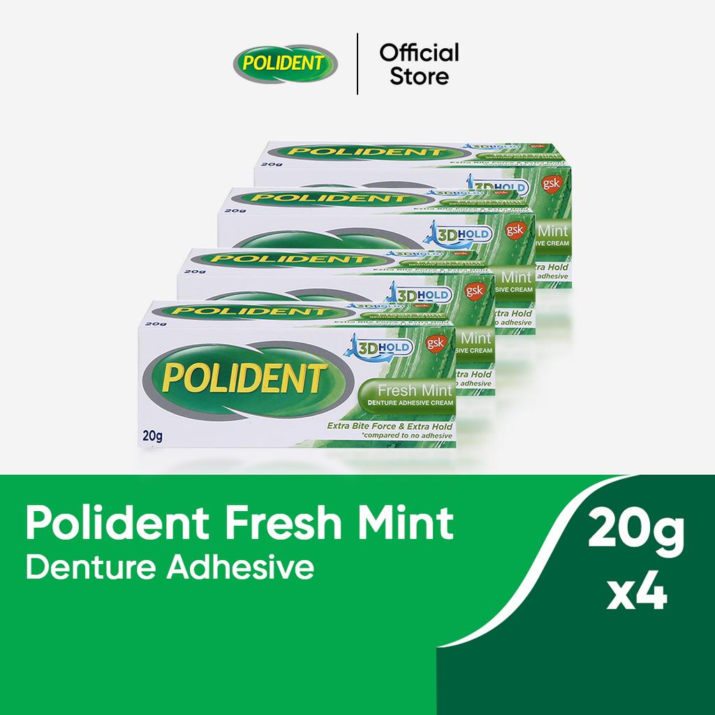 Polident Denture Adhesive Cream Fresh Mint 20g x4 12hr Strong Kapit